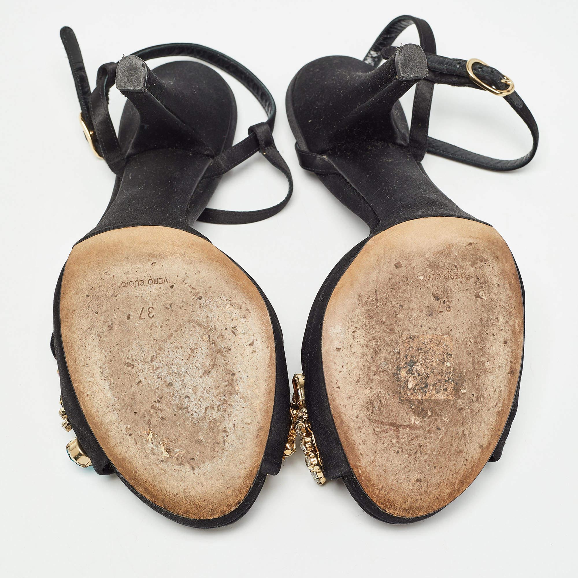 Dolce & Gabbana Black Satin Crystal Embellished Ankle Strap Sandals Size 37 For Sale 2