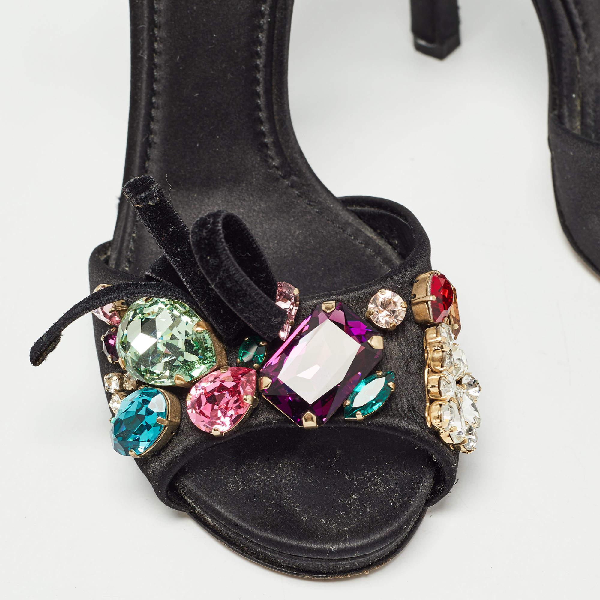 Dolce & Gabbana Black Satin Crystal Embellished Ankle Strap Sandals Size 37 For Sale 3