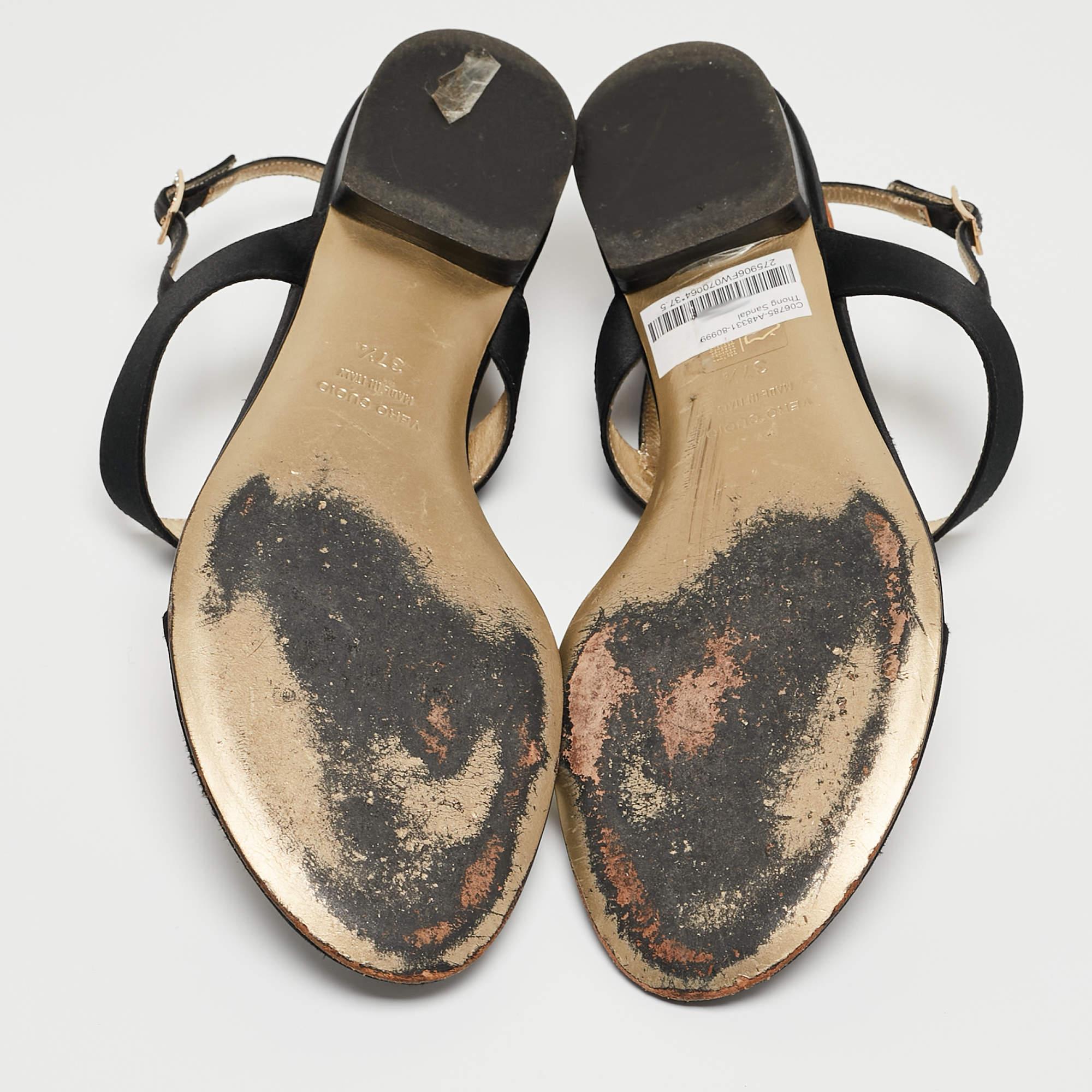 Dolce & Gabbana Black Satin Crystal Embellished Thong Flat Sandals Size 37.5 For Sale 1