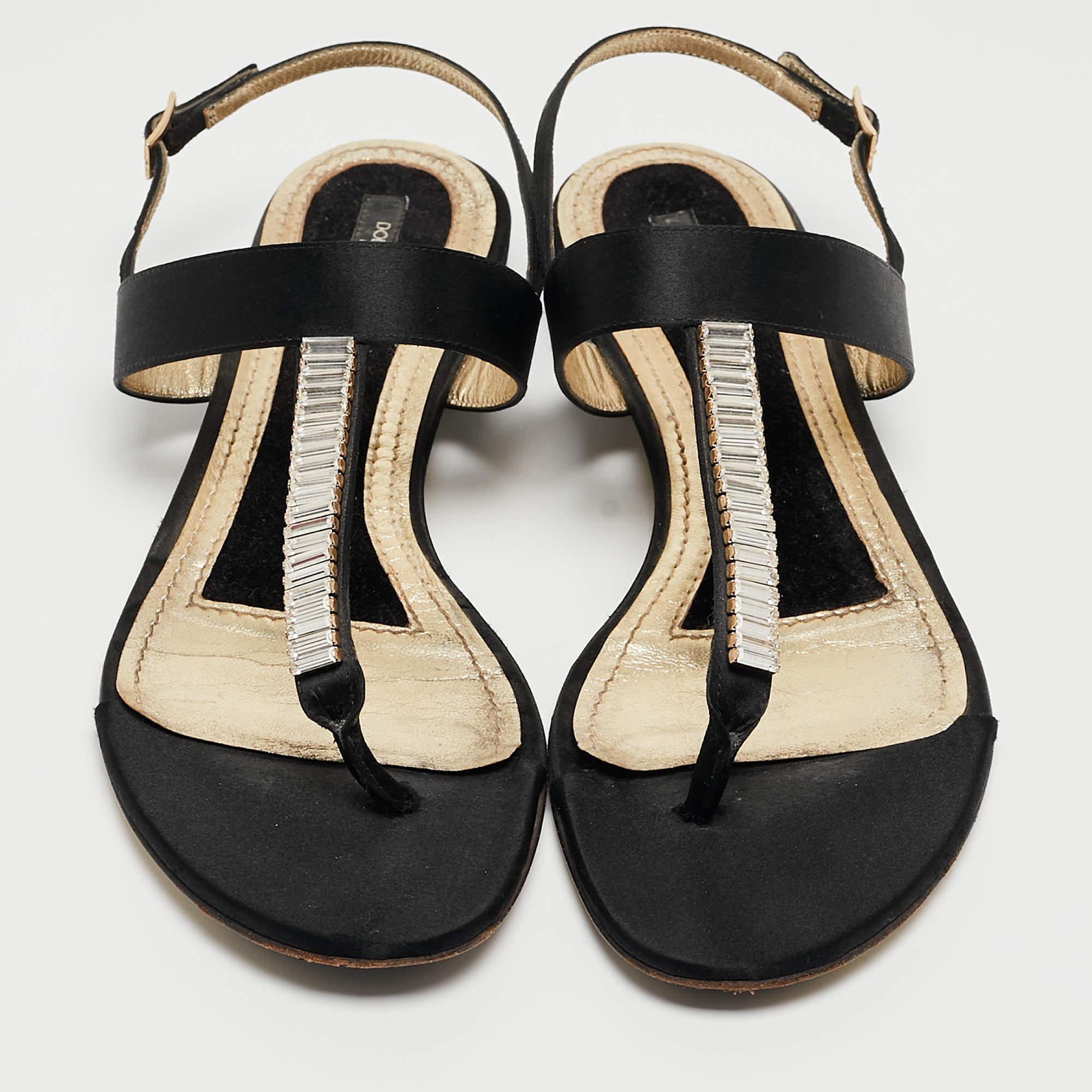 Dolce & Gabbana Black Satin Crystal Embellished Thong Flat Sandals Size 37.5 For Sale 3