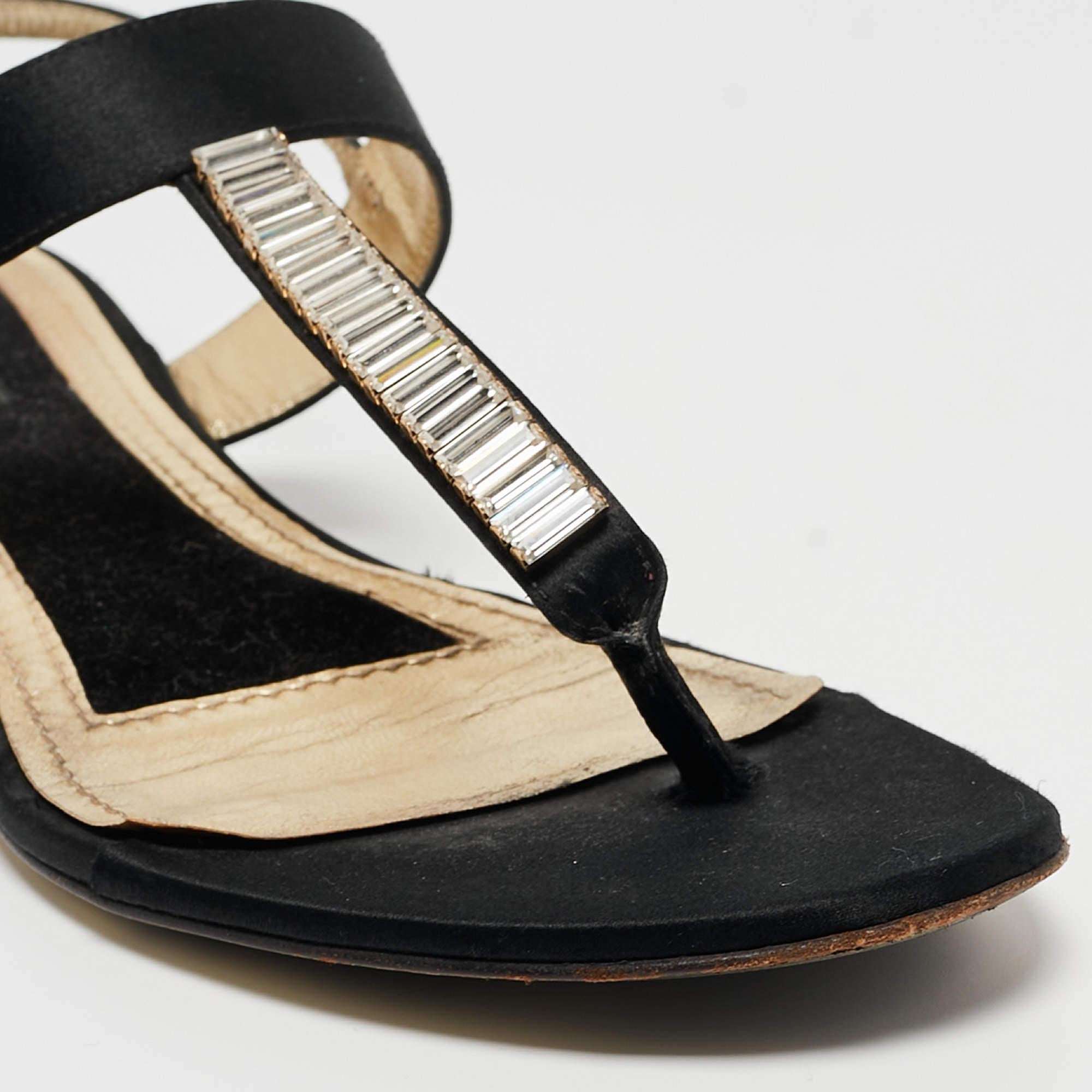 Dolce & Gabbana Black Satin Crystal Embellished Thong Flat Sandals Size 37.5 For Sale 4