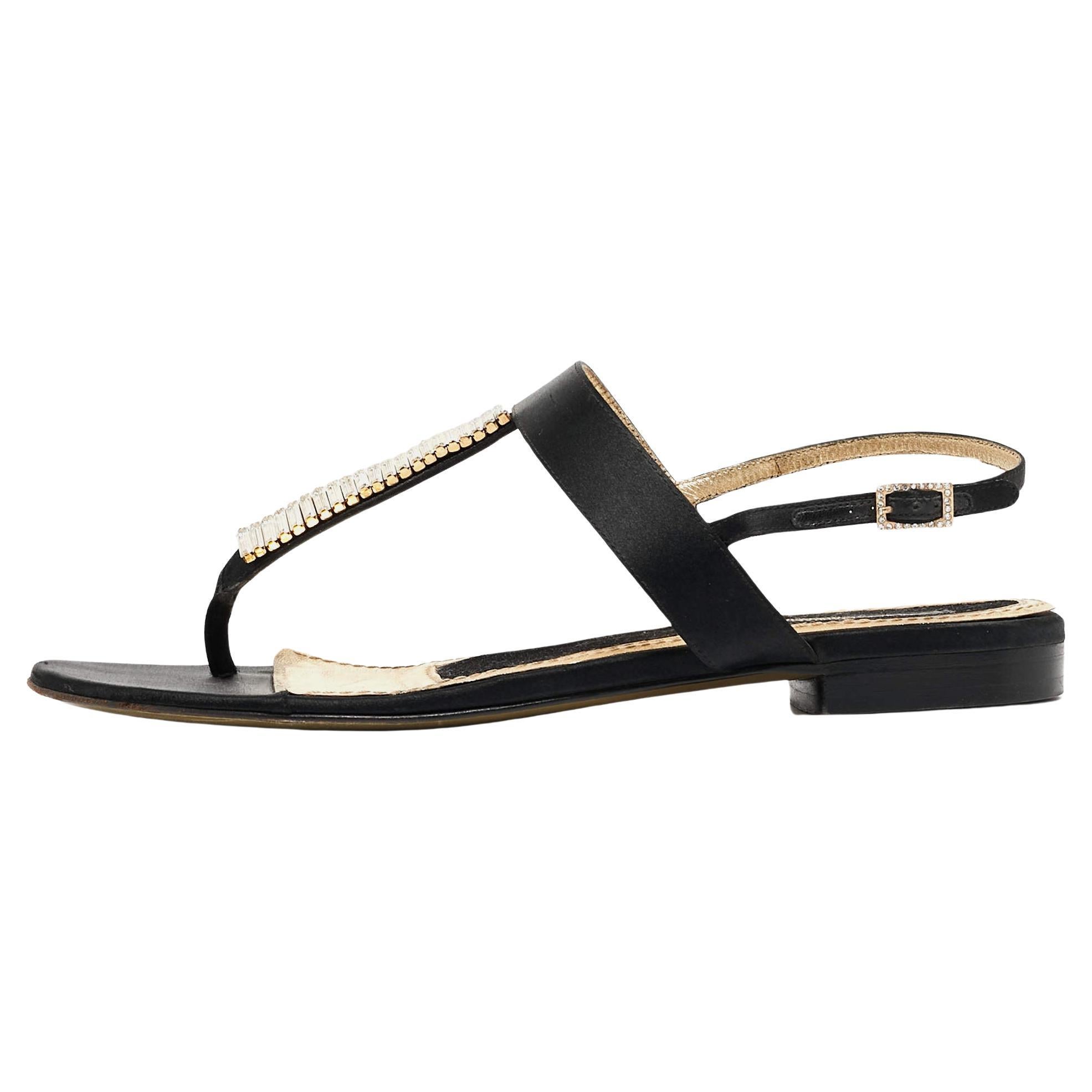 Dolce & Gabbana Black Satin Crystal Embellished Thong Flat Sandals Size 37.5 For Sale
