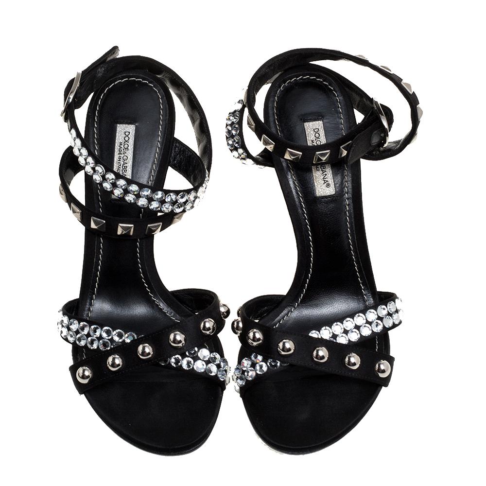 Dolce & Gabbana Black Satin Crystal Studs Embellished Ankle Wrap Sandals Size 36 In Good Condition In Dubai, Al Qouz 2