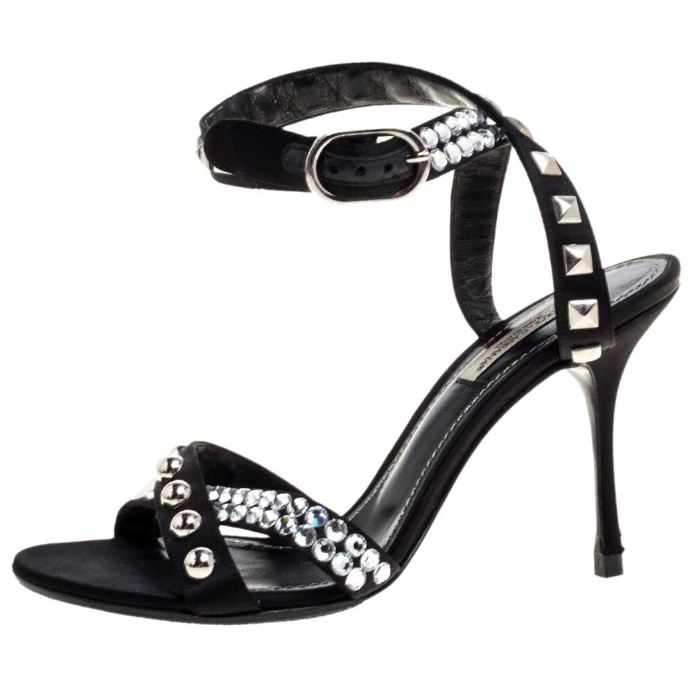 Dolce & Gabbana Black Satin Crystal Studs Embellished Ankle Wrap Sandals Size 36