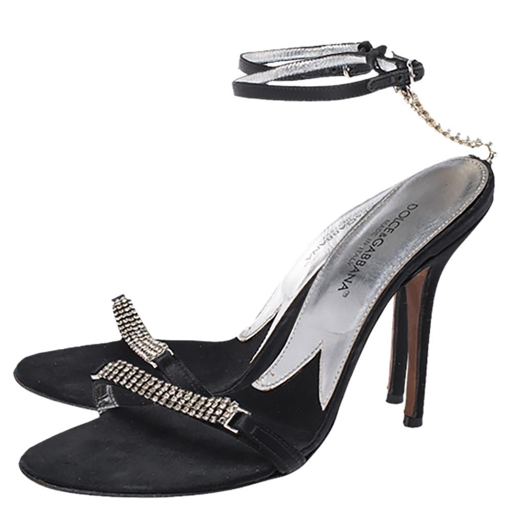 Dolce & Gabbana Black Satin Embellished Ankle Strap Sandals Size 36.5 In Good Condition For Sale In Dubai, Al Qouz 2