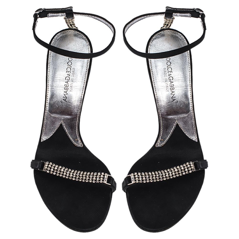 Women's Dolce & Gabbana Black Satin Embellished Ankle Strap Sandals Size 36.5 For Sale