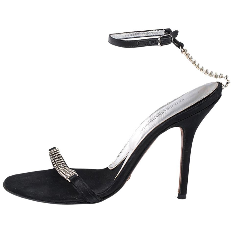 Dolce and Gabbana Black Satin Embellished Ankle Strap Sandals Size 36.5 ...