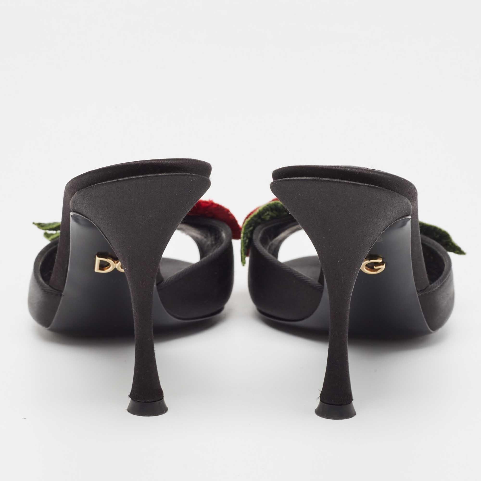 Women's Dolce & Gabbana Black Satin Floral Applique Slide Sandals Size 37.5