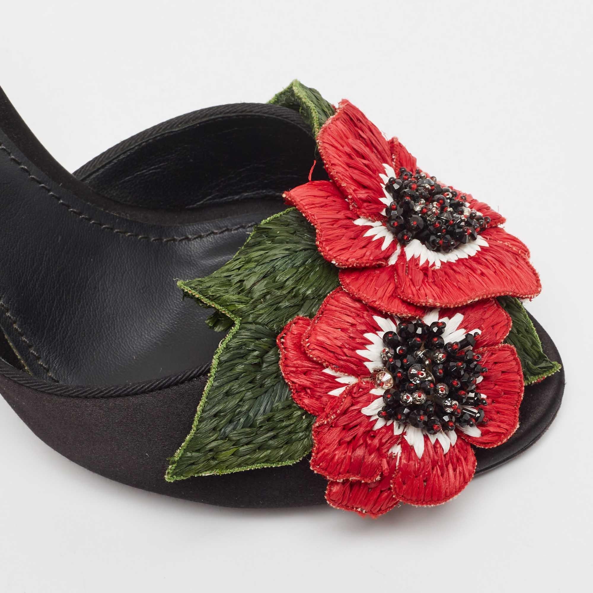 Dolce & Gabbana Black Satin Floral Applique Slide Sandals Size 37.5 1