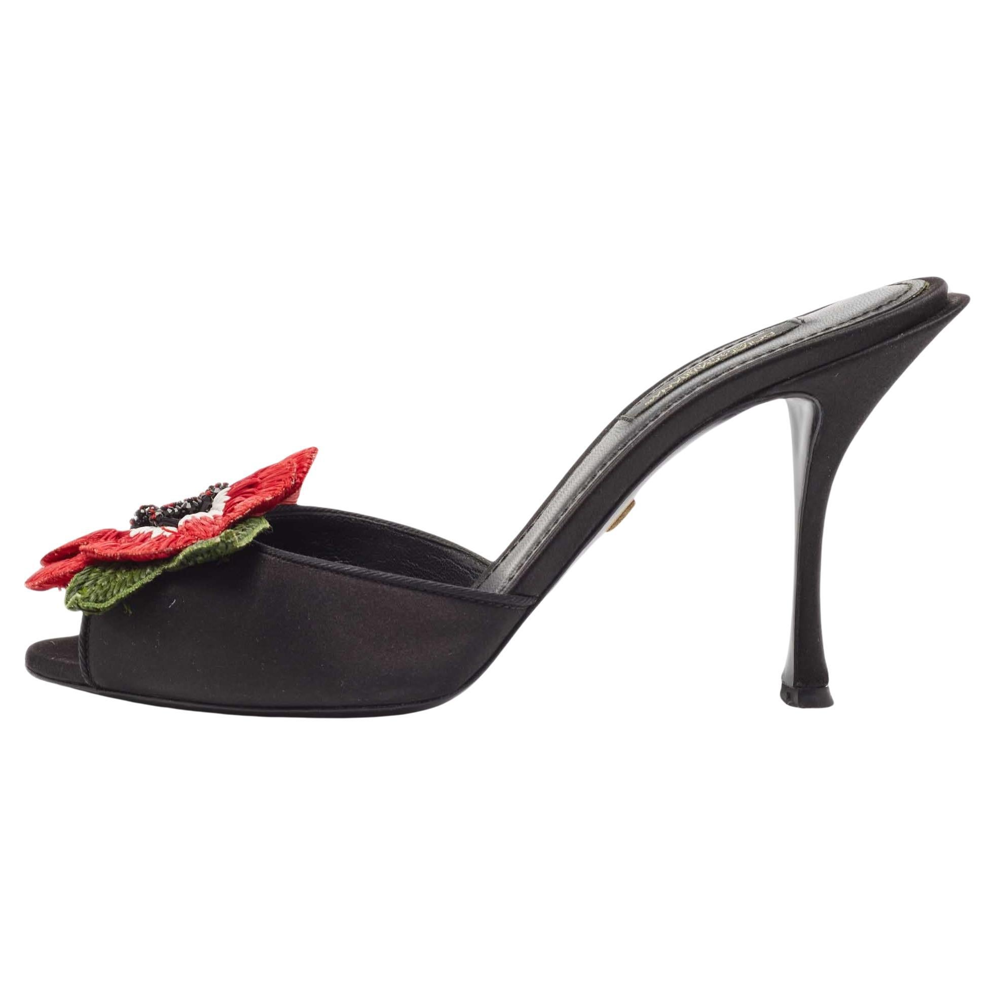 Dolce & Gabbana Black Satin Floral Applique Slide Sandals Size 37.5