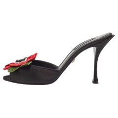 Dolce & Gabbana Black Satin Floral Applique Slide Sandals Size 37.5