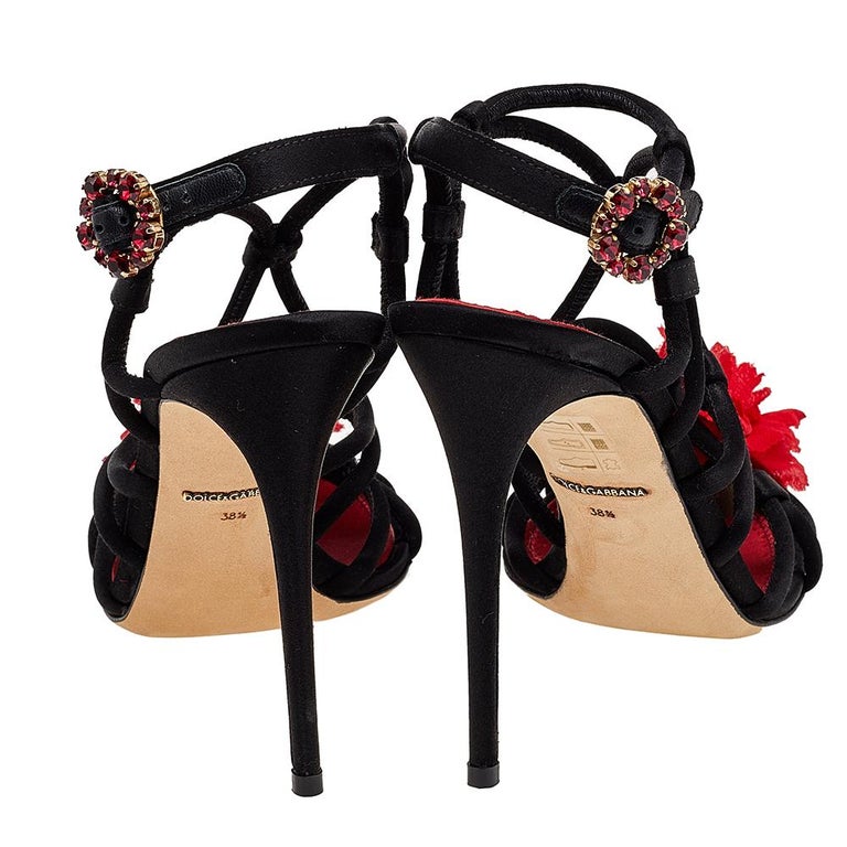 Dolce and Gabbana Black Satin Floral Strappy Sandals Size 38.5 For Sale ...
