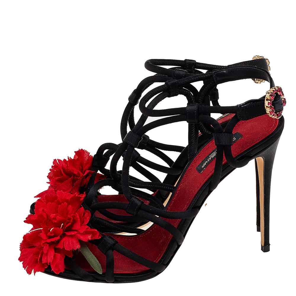 Women's Dolce & Gabbana Black Satin Floral Strappy Sandals Size 38.5