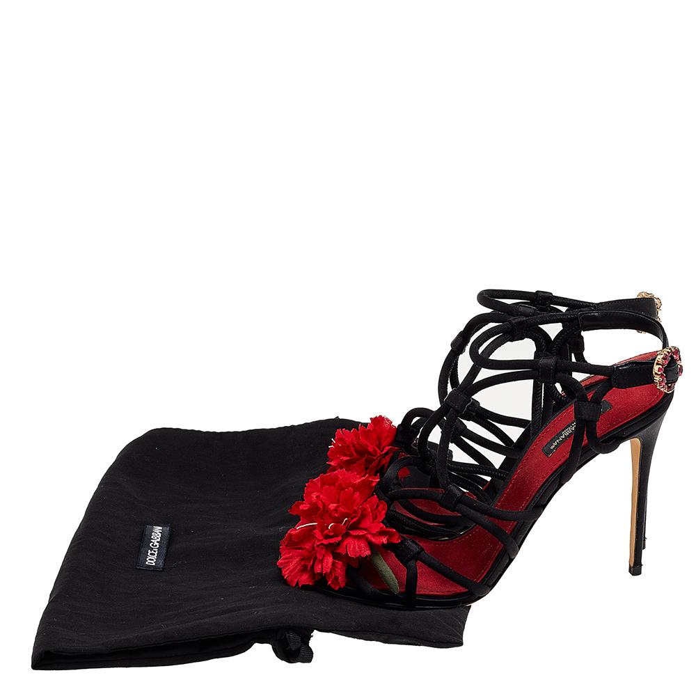 Dolce & Gabbana Black Satin Floral Strappy Sandals Size 38.5 1
