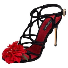 Dolce & Gabbana Black Satin Floral Strappy Sandals Size 38.5