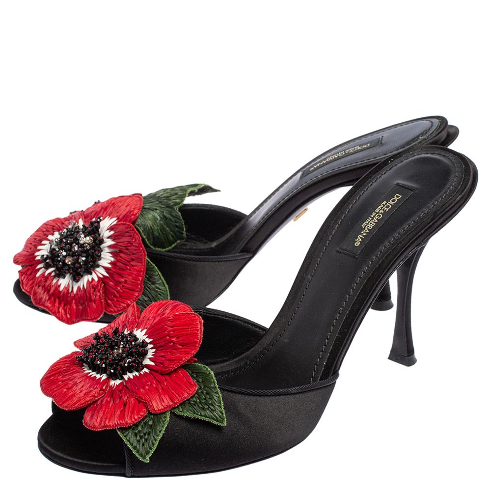 Women's Dolce & Gabbana Black Satin Rose Embellished Slide Sandals Size 39