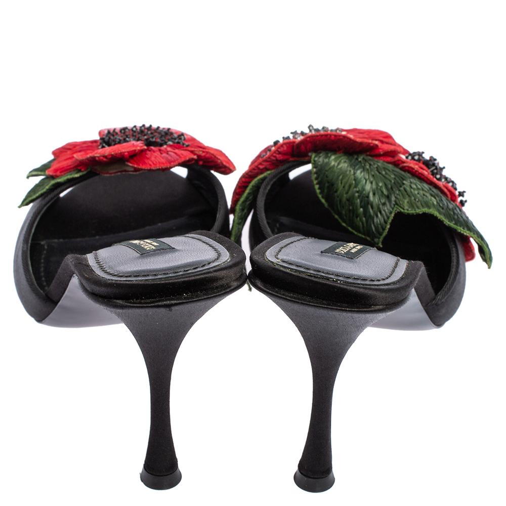 Dolce & Gabbana Black Satin Rose Embellished Slide Sandals Size 39 1