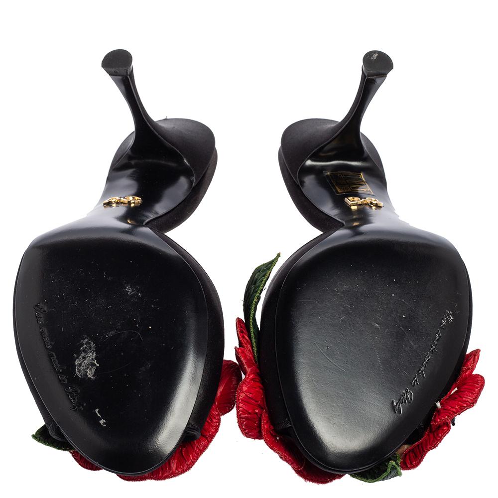 Dolce & Gabbana Black Satin Rose Embellished Slide Sandals Size 39 3