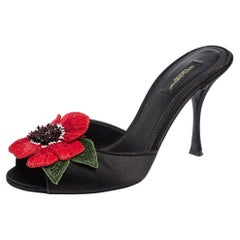 Dolce & Gabbana Black Satin Rose Embellished Slide Sandals Size 39