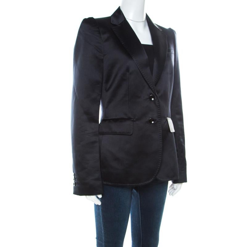 Dolce & Gabbana Black Satin Silk Blend Tailored Blazer M In Good Condition In Dubai, Al Qouz 2