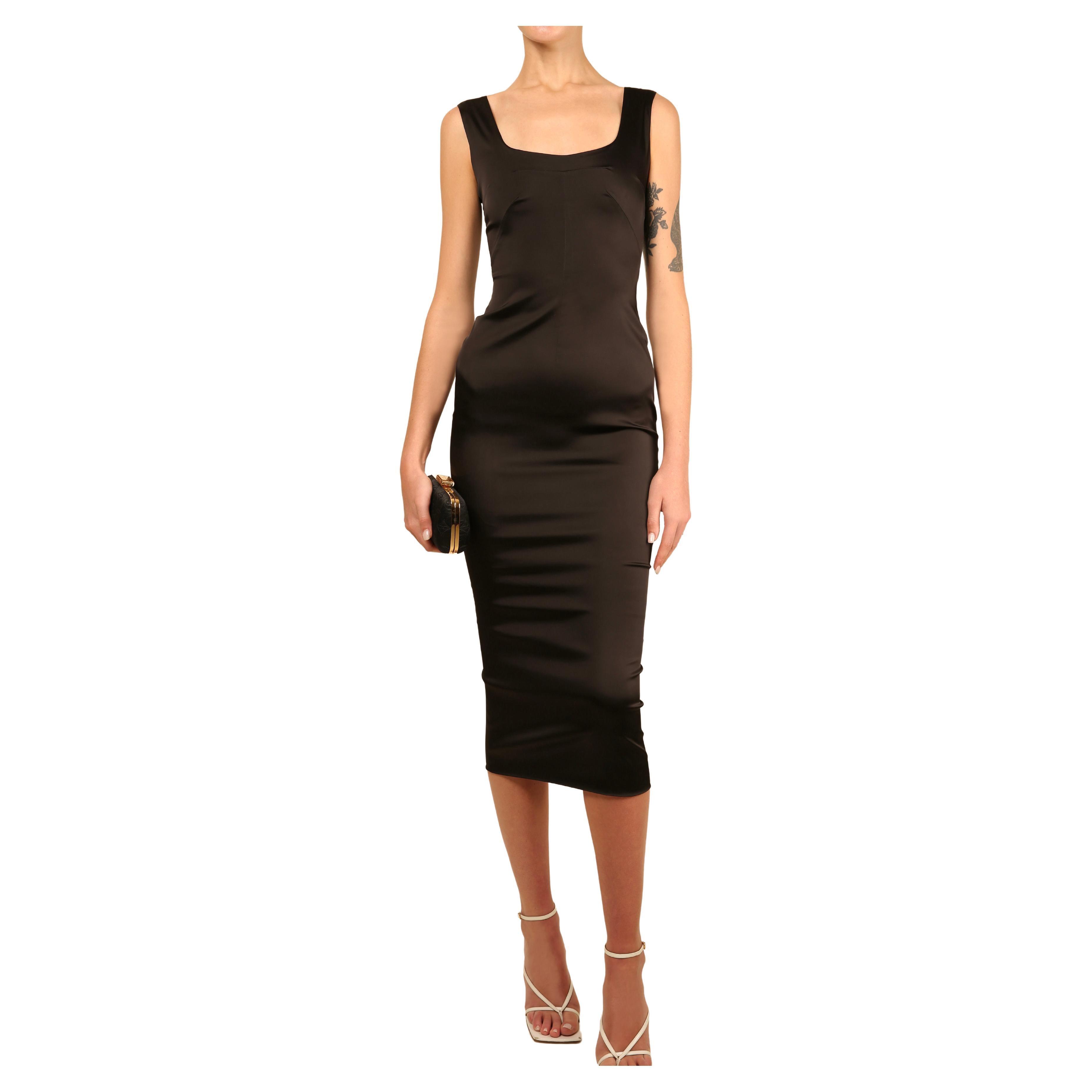 Dolce & Gabbana black satin sleeveless body con midi sheath dress