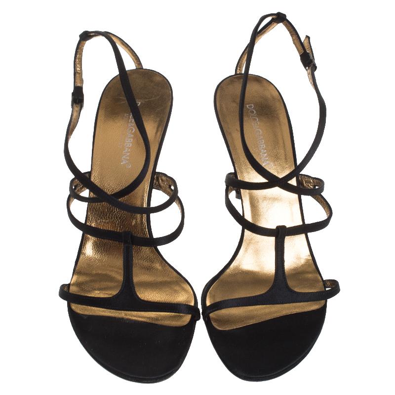 Dolce & Gabbana Black Satin Strappy Sandals Size 37 In Good Condition In Dubai, Al Qouz 2