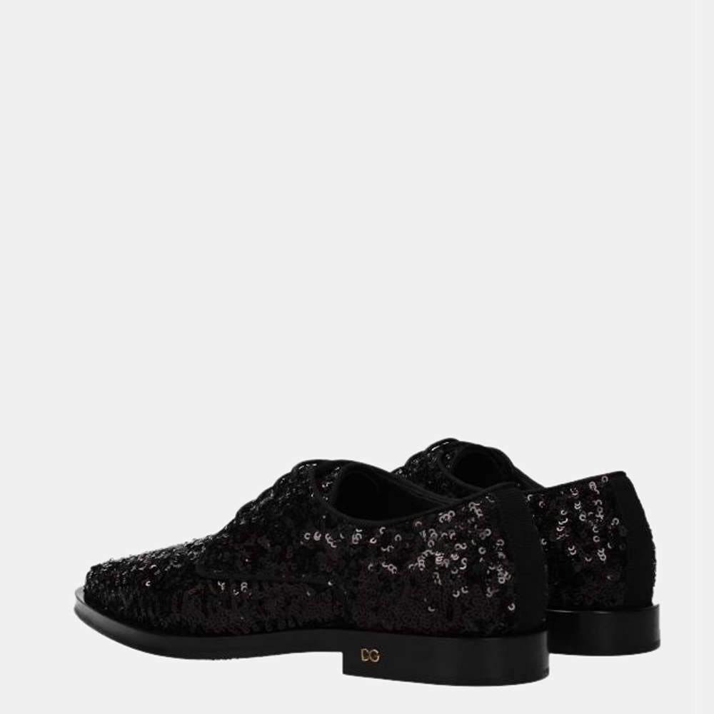 Women's Dolce & Gabbana Black Sequin Derby Shoes Size US 7 EU 37.5 For Sale