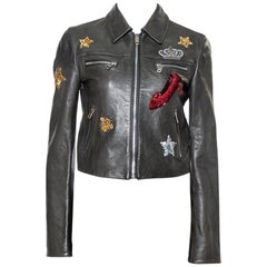 Dolce & Gabbana Schwarz Pailletten verschönert Cropped Lederjacke S