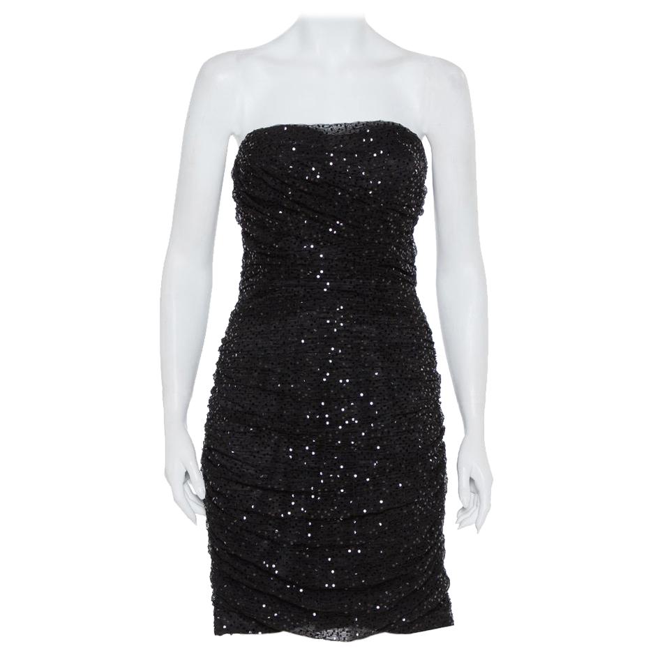 Dolce 
Gabbana Black Sequin Embellished Tulle Ruched Strapless Mini Dress L