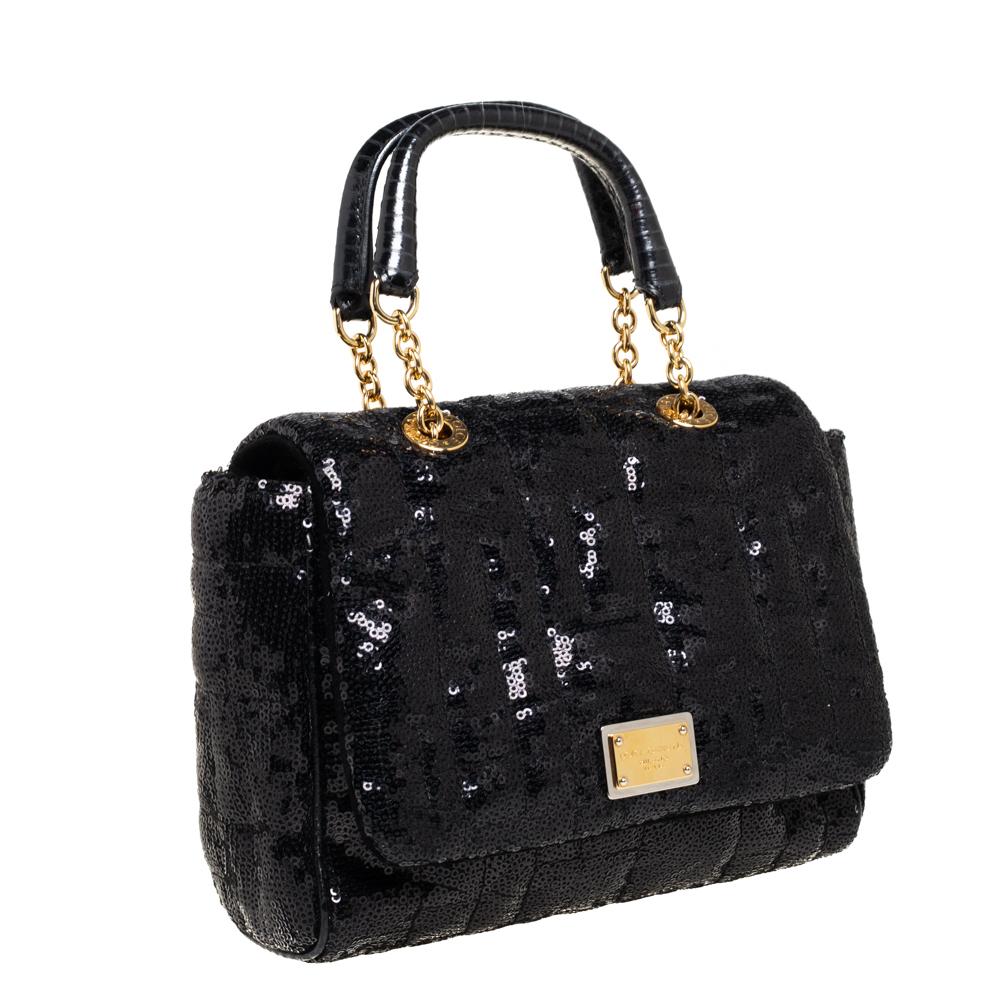 Dolce & Gabbana Black Sequin Small Sicily Top Handle Bag In Good Condition In Dubai, Al Qouz 2