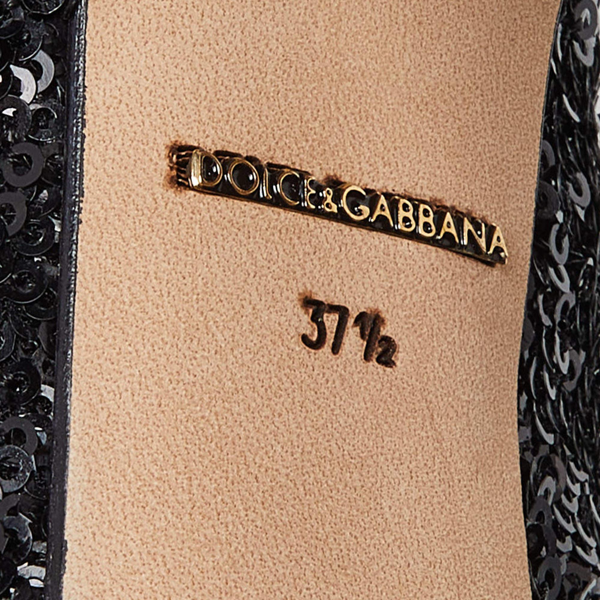 Dolce & Gabbana Black Sequins and Leather Block Heel Pumps Size 37.5 In Excellent Condition For Sale In Dubai, Al Qouz 2