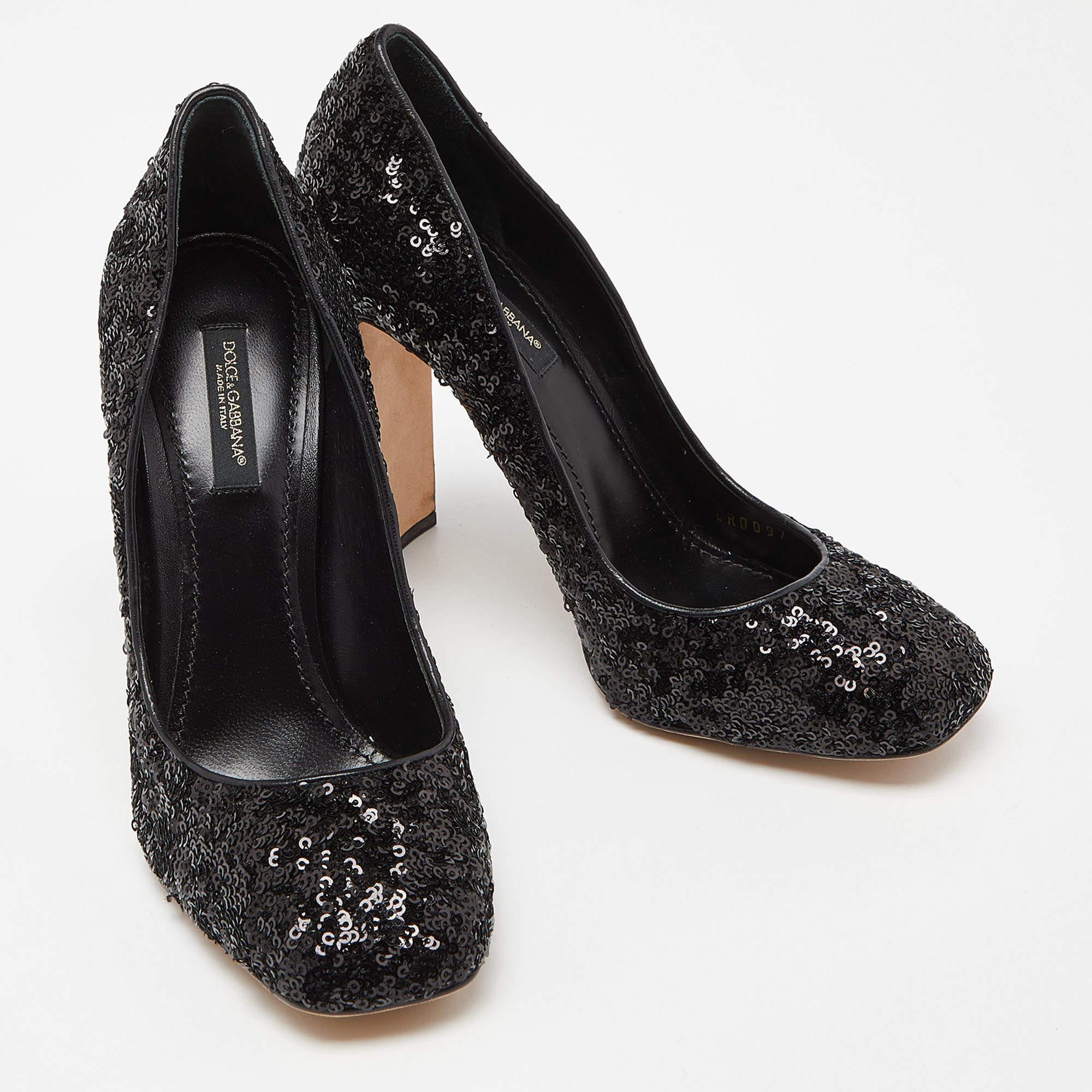 Dolce & Gabbana Black Sequins and Leather Block Heel Pumps Size 37.5 For Sale 1