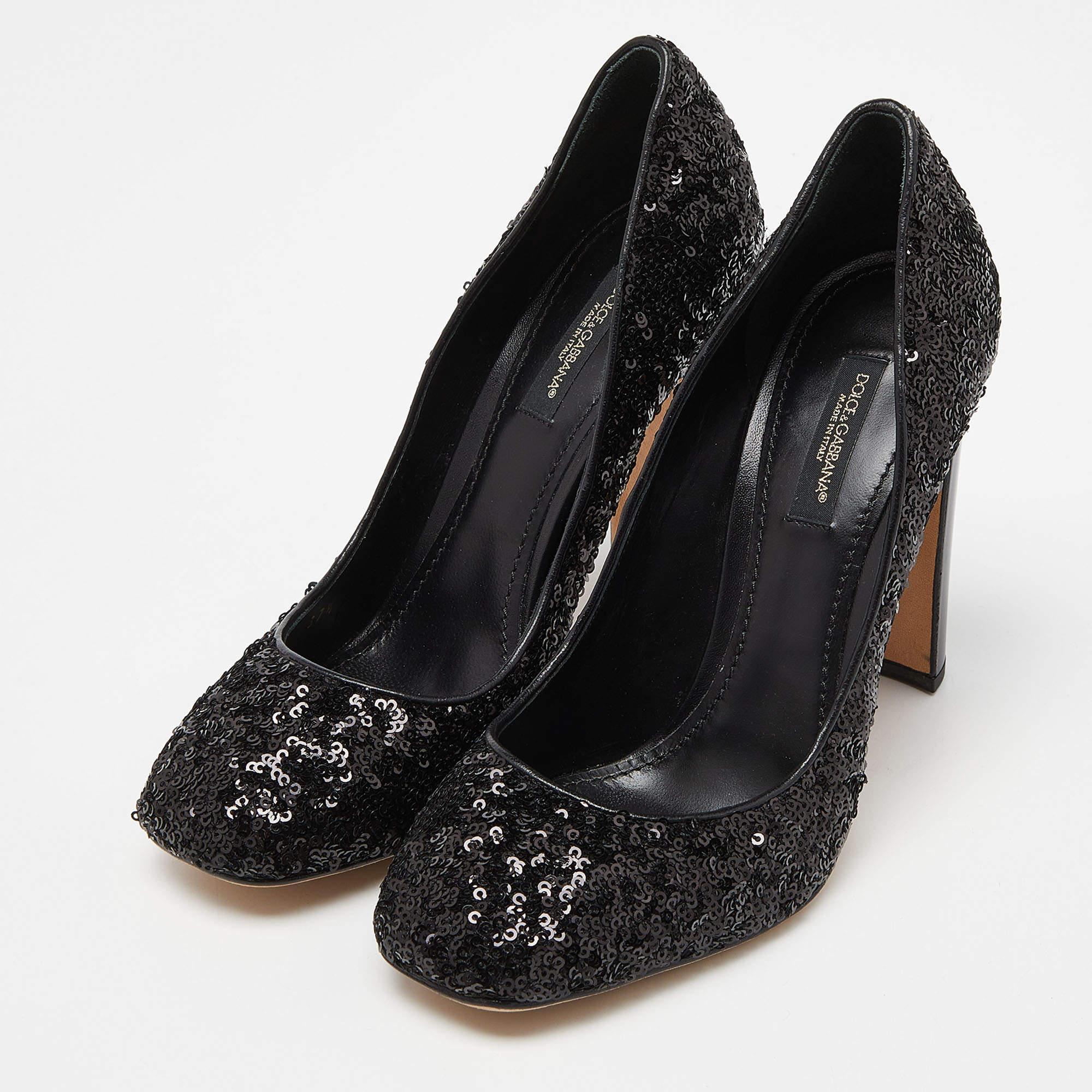 Dolce & Gabbana Black Sequins and Leather Block Heel Pumps Size 37.5 For Sale 4