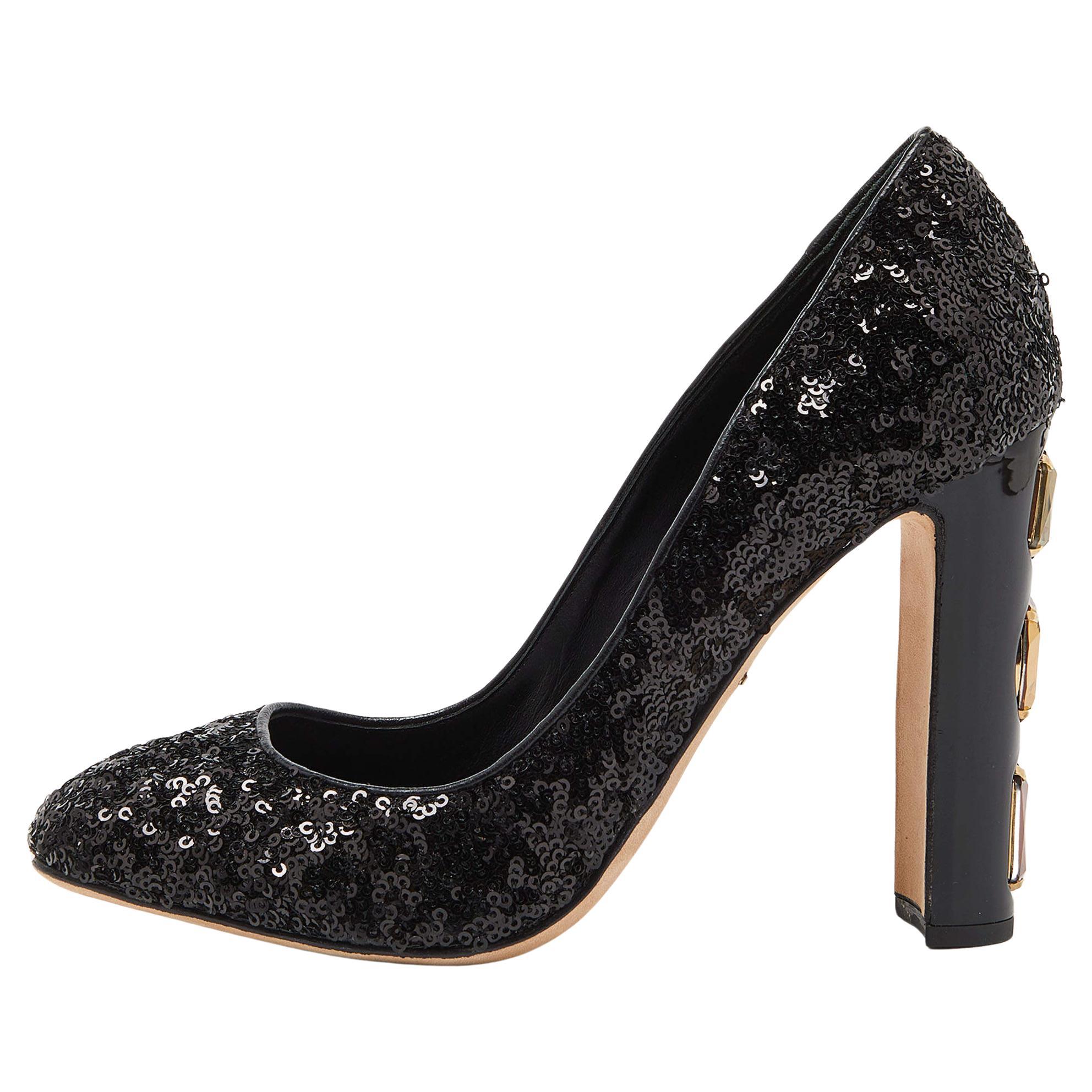 Dolce & Gabbana Black Sequins and Leather Block Heel Pumps Size 37.5 For Sale