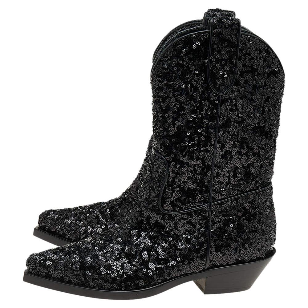 Women's Dolce & Gabbana Black Sequins Boots Size 36.5 For Sale