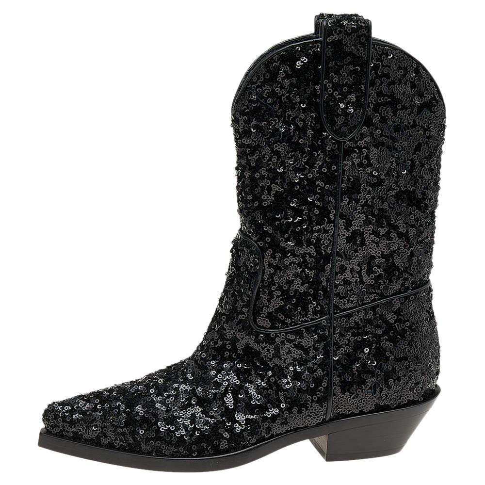 Dolce & Gabbana Black Sequins Boots Size 36.5 For Sale 3