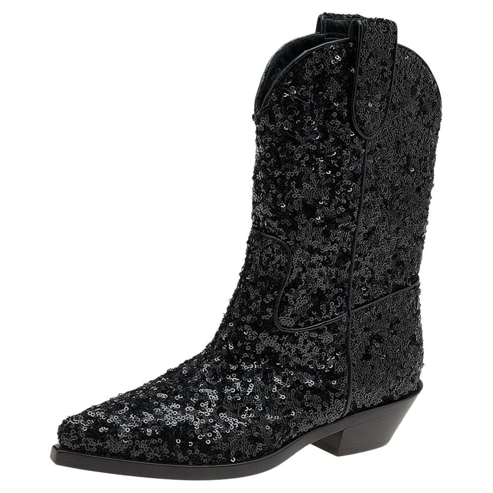 Dolce & Gabbana Black Sequins Boots Size 36.5 For Sale