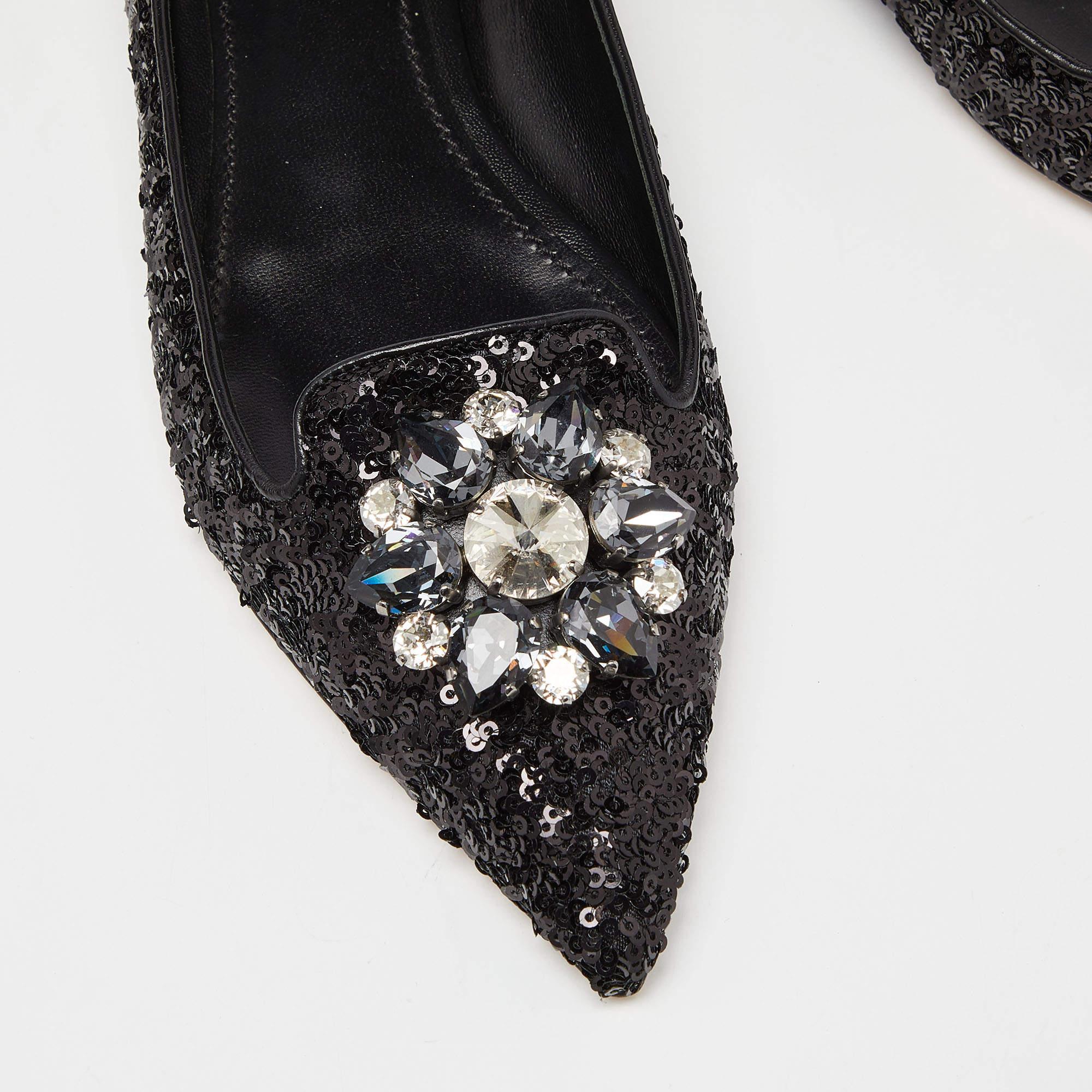 Dolce & Gabbana Black Sequins Crystal Embellished Ballet Flats Size 38.5 In Excellent Condition In Dubai, Al Qouz 2