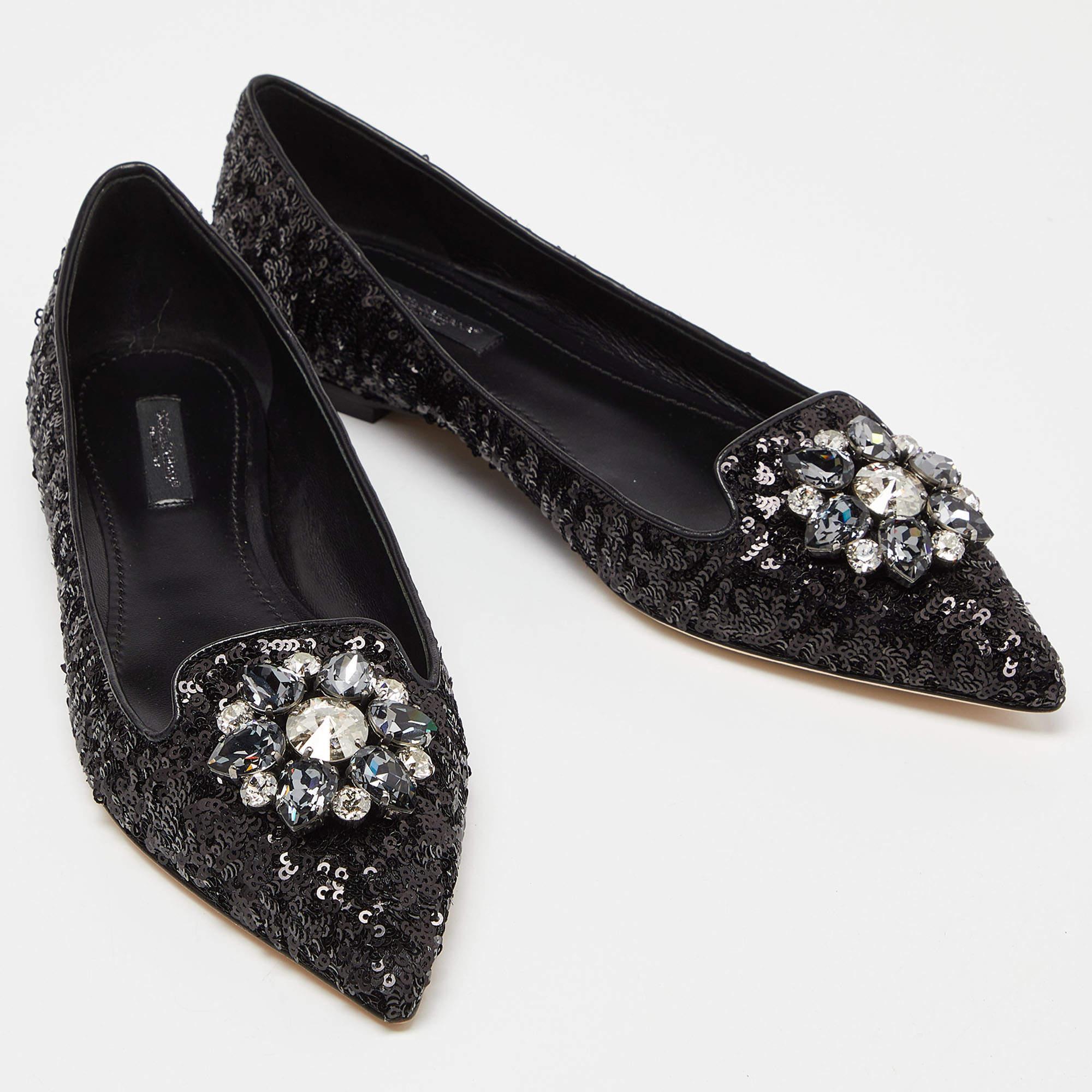 Women's Dolce & Gabbana Black Sequins Crystal Embellished Ballet Flats Size 38.5