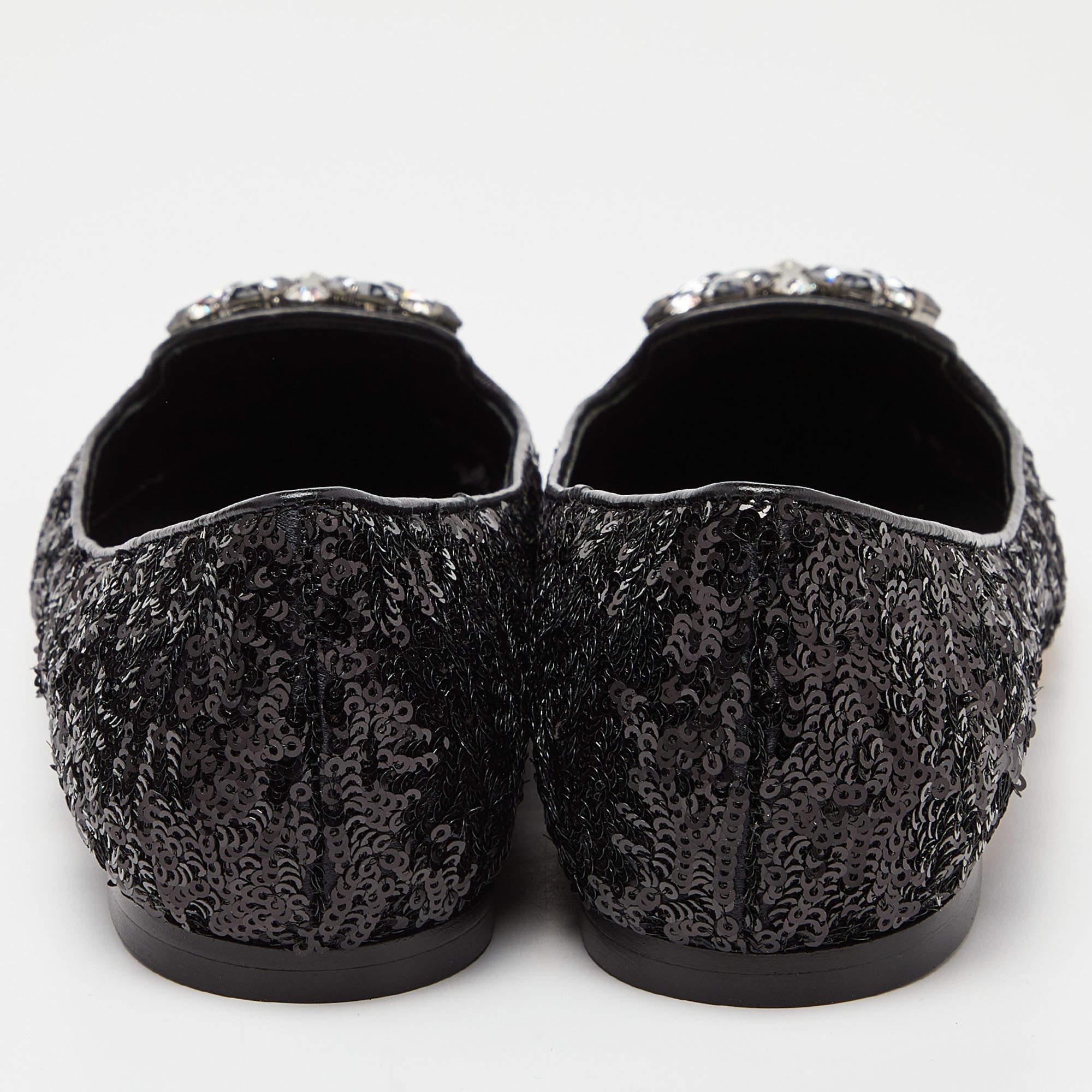 Dolce & Gabbana Black Sequins Crystal Embellished Ballet Flats Size 38.5 1