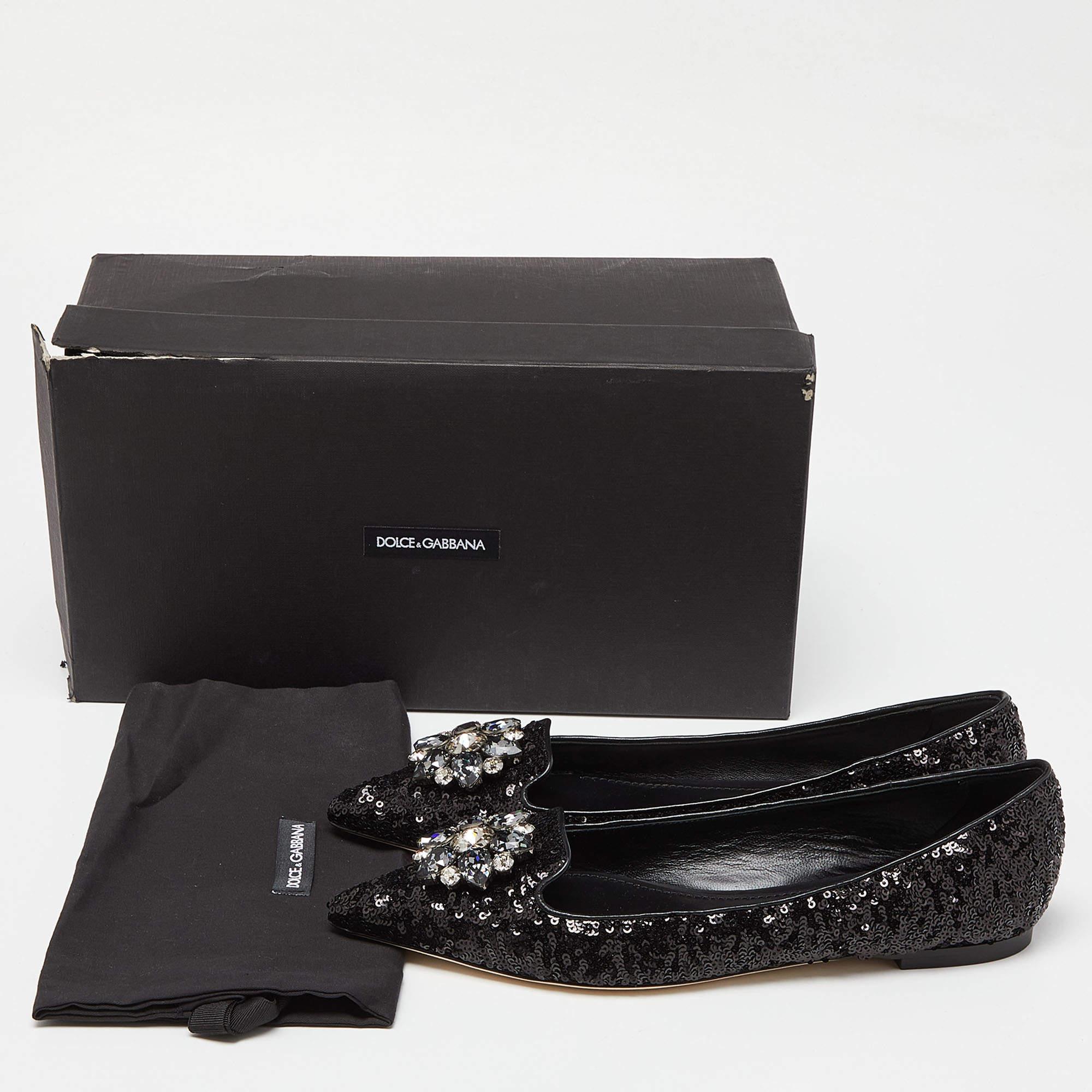 Dolce & Gabbana Black Sequins Crystal Embellished Ballet Flats Size 38.5 4