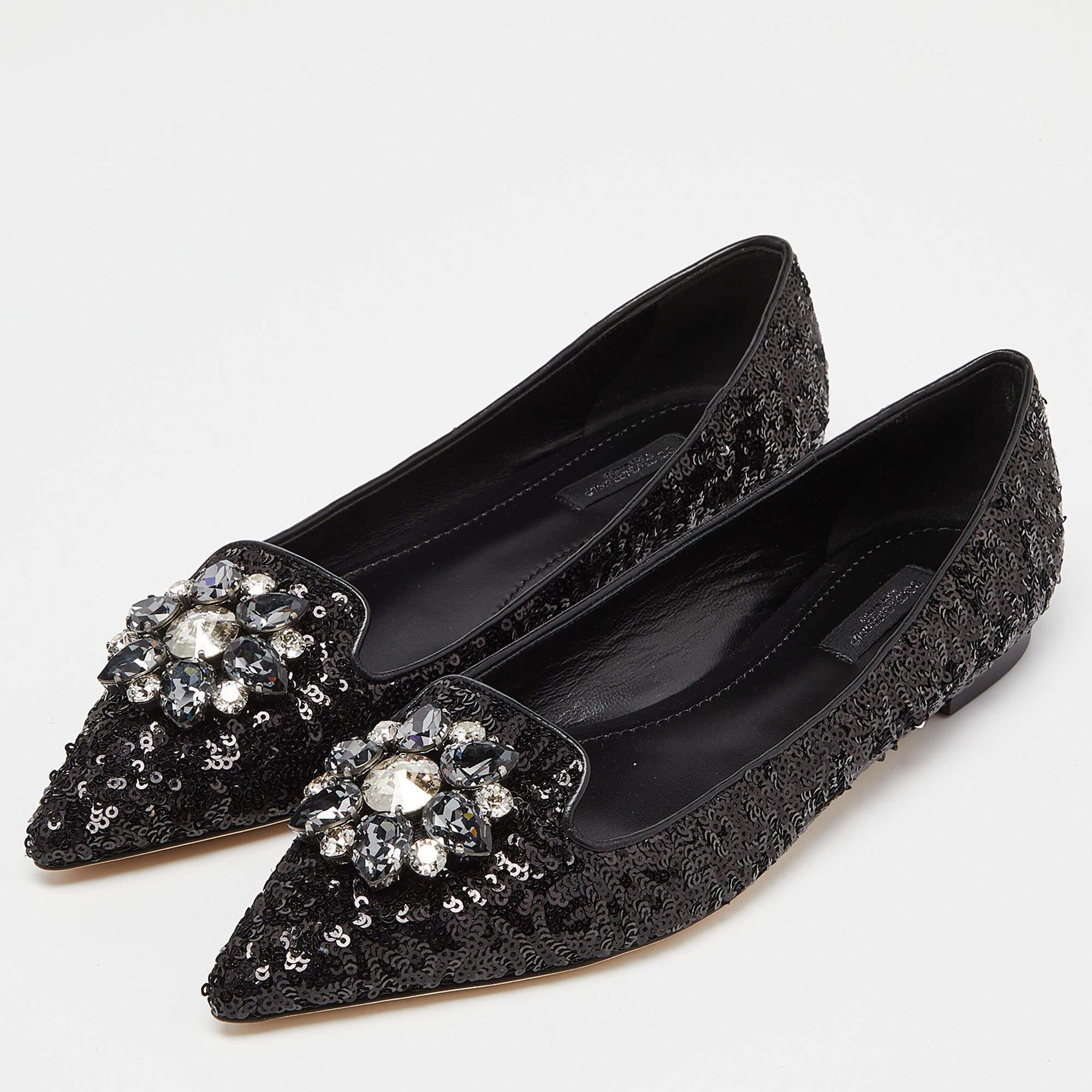 Dolce & Gabbana Black Sequins Crystal Embellished Ballet Flats Size 38.5 5