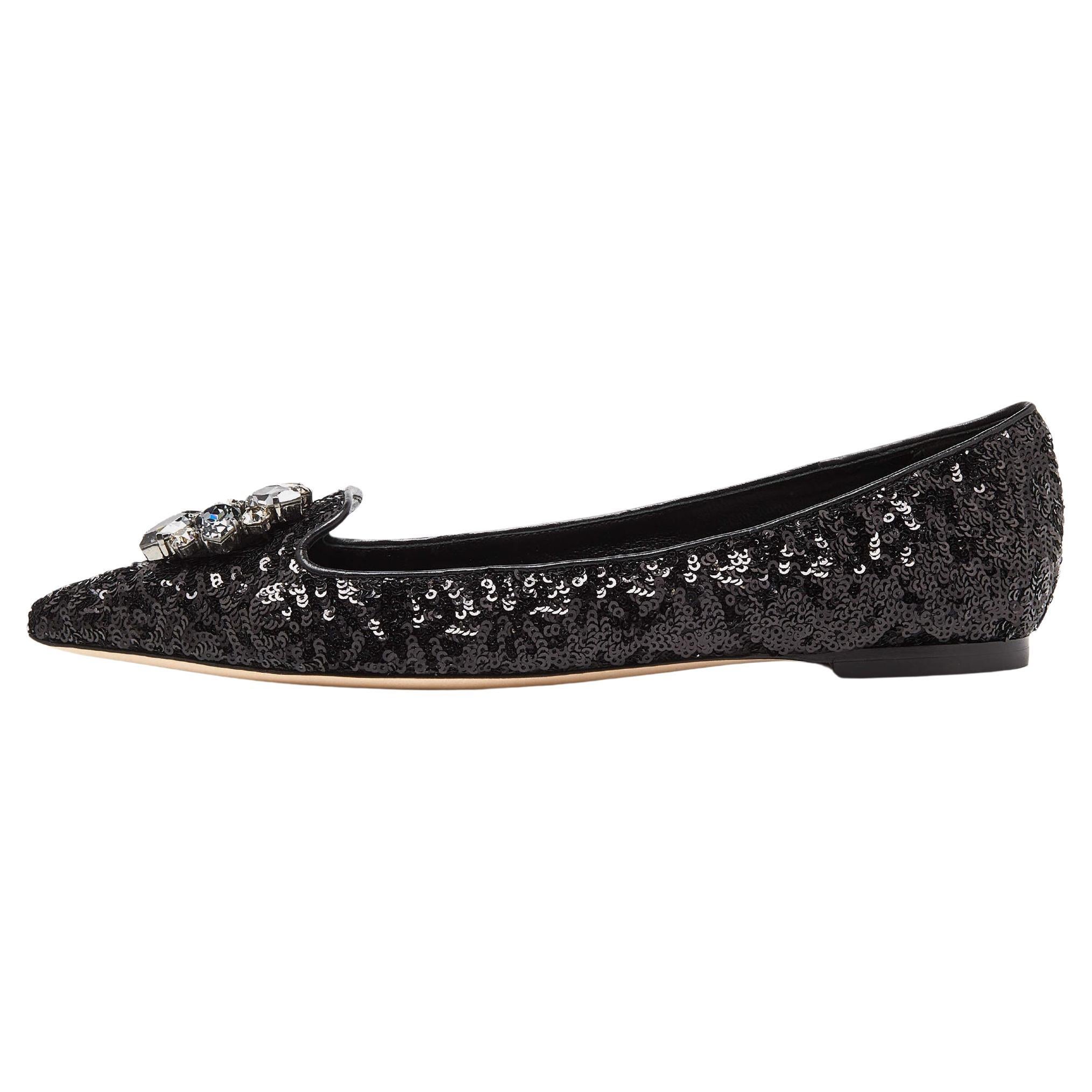 Dolce & Gabbana Black Sequins Crystal Embellished Ballet Flats Size 38.5