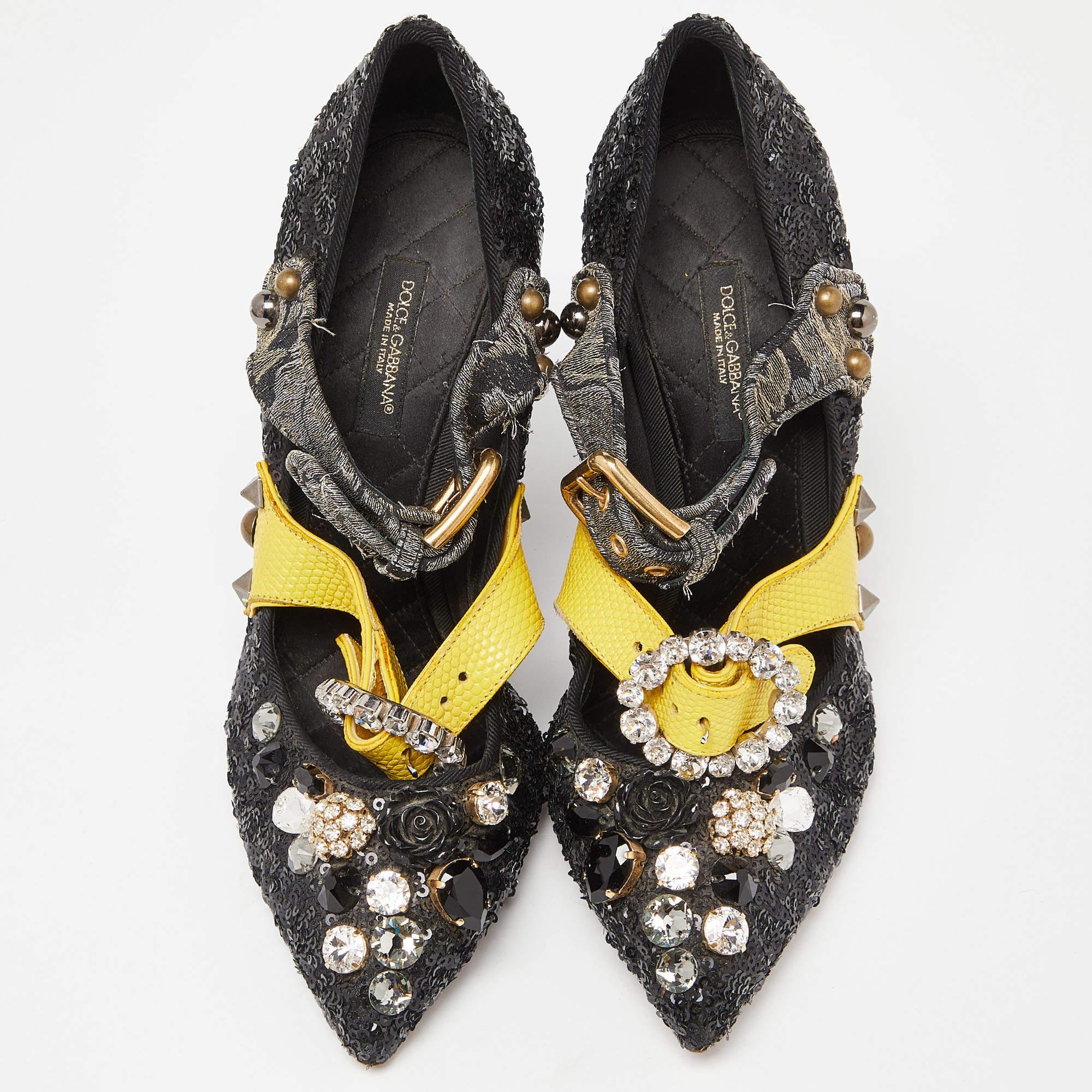 Dolce & Gabbana Black Sequins Crystal Embellished Mary Jane Pumps Size 37 In Good Condition In Dubai, Al Qouz 2