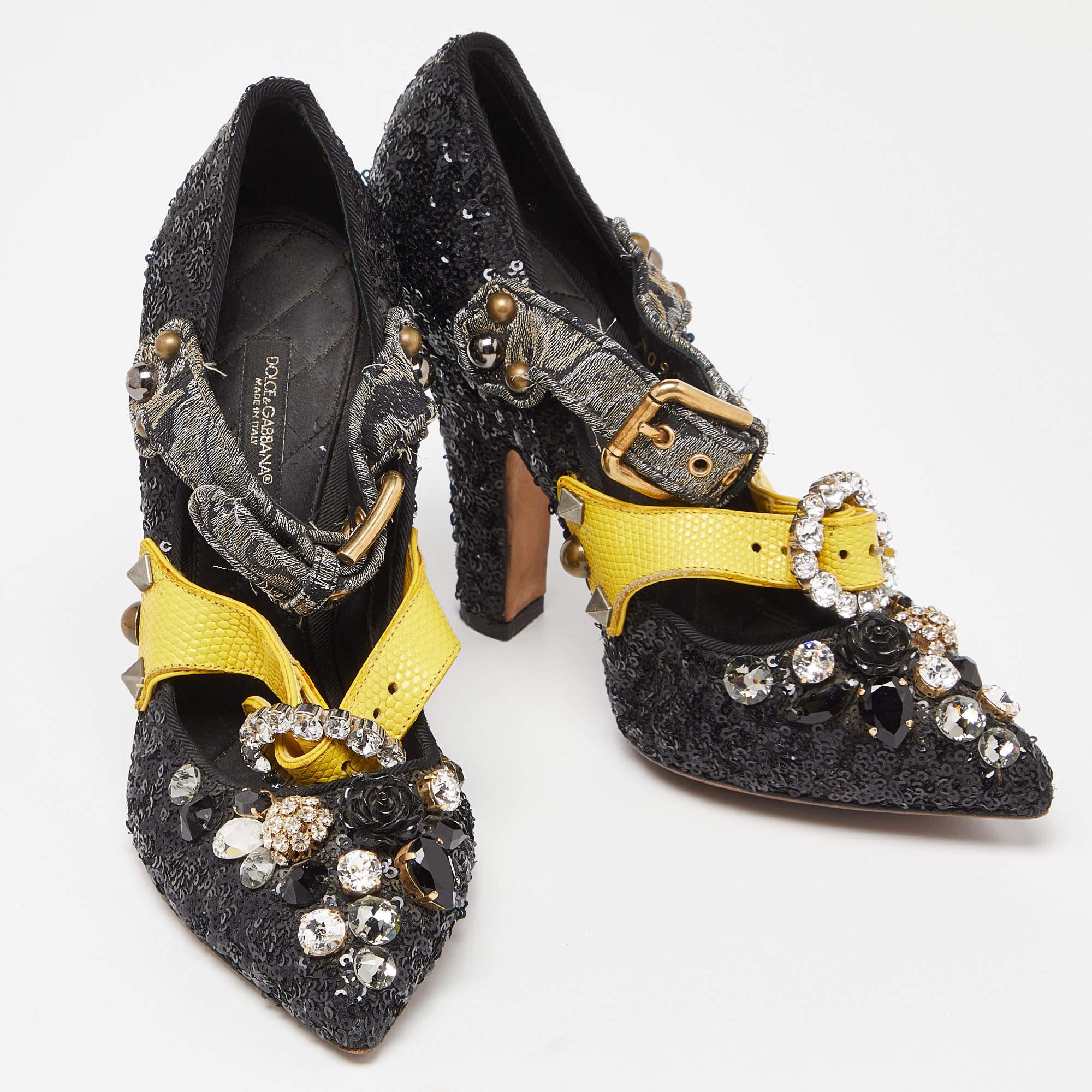 Women's Dolce & Gabbana Black Sequins Crystal Embellished Mary Jane Pumps Size 37