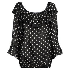 Dolce & Gabbana Black Sheer Silk Polkadot Ruffle Blouse Size XL