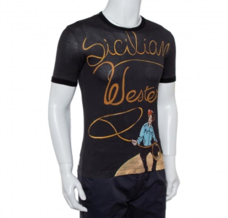 Dolce & Gabbana's love for playful prints is evident in this stylish t-shirt. Made from cotton in a black shade, it features a beautiful Sicilian Western print in the front. The t-shirt is finished off with a crew neckline, short sleeves, a straight