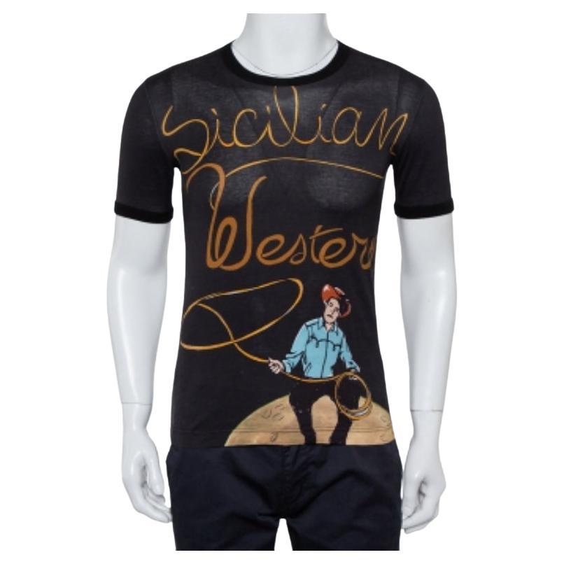 Dolce & Gabbana Black Sicilian Western Printed Cotton Crewneck T-Shirt XS For Sale