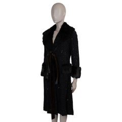 DOLCE & GABBANA black silk 2004 FUR TRIM CRYSTAL QUILTED Coat 44 L
