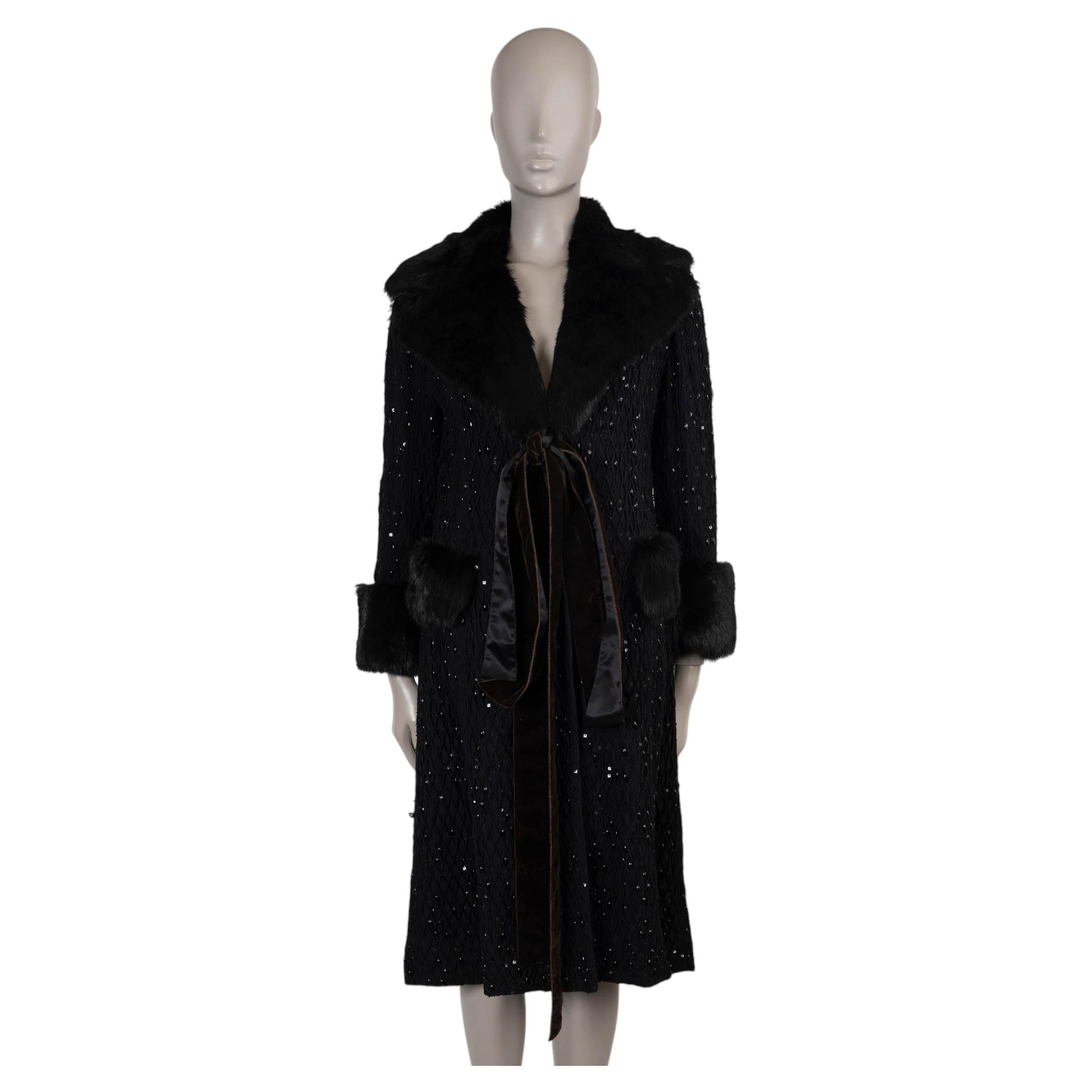 DOLCE & GABBANA black silk 2004 FUR TRIM CRYSTAL QUILTED Coat 44 L